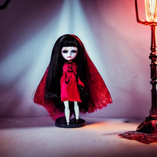 Image similar to adorable vampire themed high end fashion doll and accessories, on a table under a lamp light shining down over it like a spot light, god rays, dust particles, photorealistic, aesthetic shot, worms eye view, macro camera lens, high definition, thematic, cinematic, lens flare