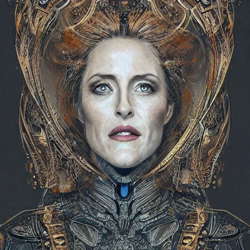 Image similar to portrait of Gillian Anderson dressed in intricate armor , detailed intricate ink illustration, dark atmosphere, detailed illustration, hd, 4k, digital art, overdetailed art, concept art, by greg rutkowski, by loish, complementing colors, Trending on artstation, deviantart