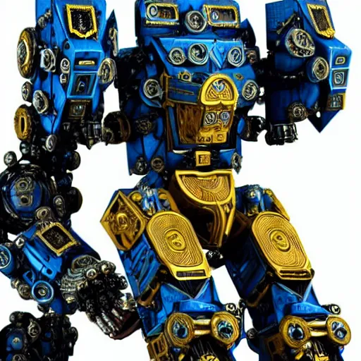 Image similar to a intricate ornate boxing humanoid mecha, punk, by war robots, real steel ( 2 0 1 1 ), westworld and pacific rim movie and ps 5 game machine warrior 5, cryengine, frostbite 3 engine, blue and yellow scheme, sharp focus, 8 k, high definition, insanely detailed, soft lighting, smooth face