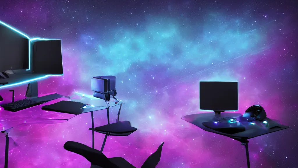 Prompt: a galactic overpowered computer. (cyan, pink, purple, orange) Overclocking, watercooling, custom computer, nebula, mat black metal, alienware, cosmic design, desktop computer, nebula, galactic, space, minimalist desk, minimalist home office, whole room, minimalist, Beautiful dramatic dark moody tones and lighting, orange neon, Ultra realistic details, cinematic atmosphere, studio lighting, shadows, starts lighting, starts, dark background, dimmed lights, industrial architecture, Octane render, realistic 3D, photorealistic rendering, 8K, 4K, computer setup, highly detailed