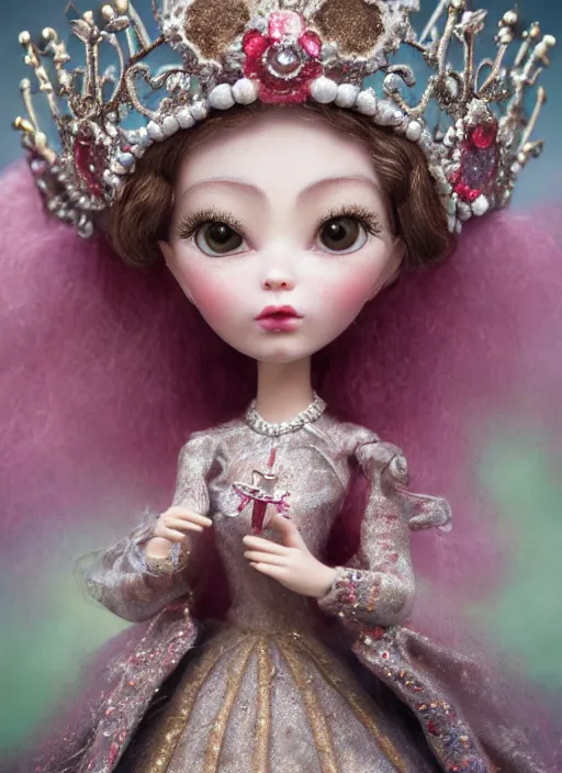 Image similar to closeup profile portrait of tin toy fairytale princess wearing a crown, depth of field, zeiss lens, detailed, symmetrical, centered, fashion photoshoot, by nicoletta ceccoli, mark ryden, lostfish, breathtaking, 8 k resolution, extremely detailed, beautiful, establishing shot, artistic, hyperrealistic, octane render