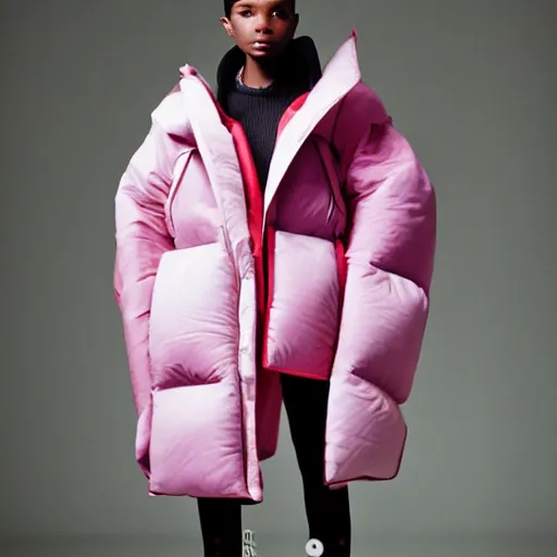 Image similar to realistic photoshooting for a new issey miyake lookbook, color film photography, portrait of a beautiful woman, model is wearing a asymetrical puffer jacket, photo in style of tyler mitchell, 3 5 mm,