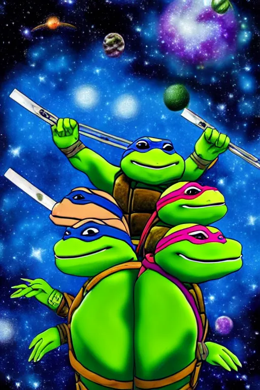 Image similar to the ninja turtles floating in deep space with a beautiful galaxy behind them