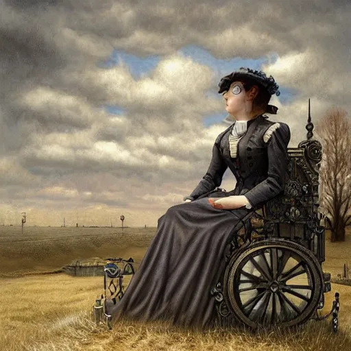 Image similar to a hyperrealistic painting of a victorian steampunk woman sitting in her time machine, blue skies, by john kenn mortensen, highly detailed,