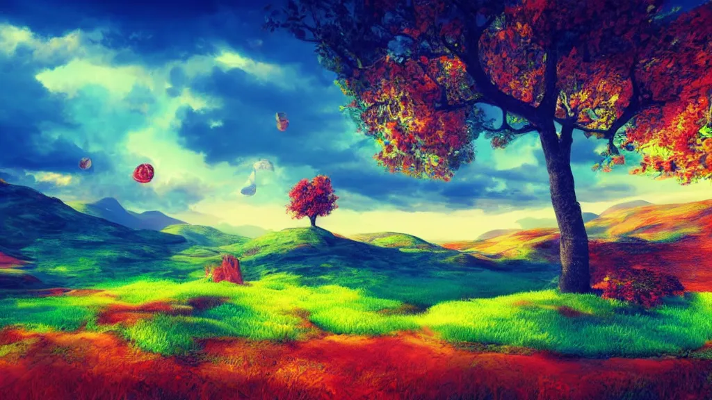 Prompt: beautiful landscape, surrealism, bright color pallet, low quality render