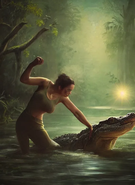 Prompt: a woman fighting against a crocodile in a swamp , soft lighting