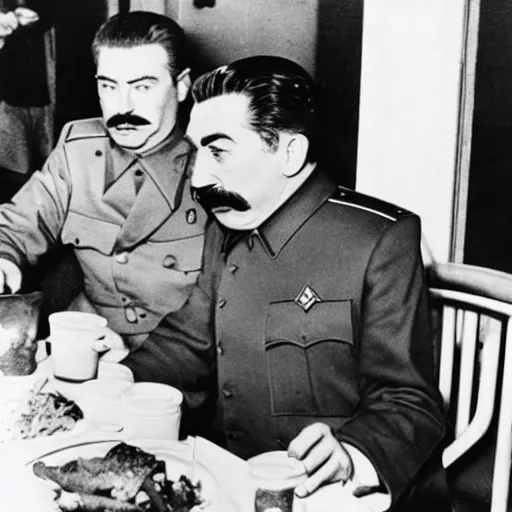 Image similar to joseph stalin eating at mcdonald's, press photo, caught off guard, surprised, paparazzi