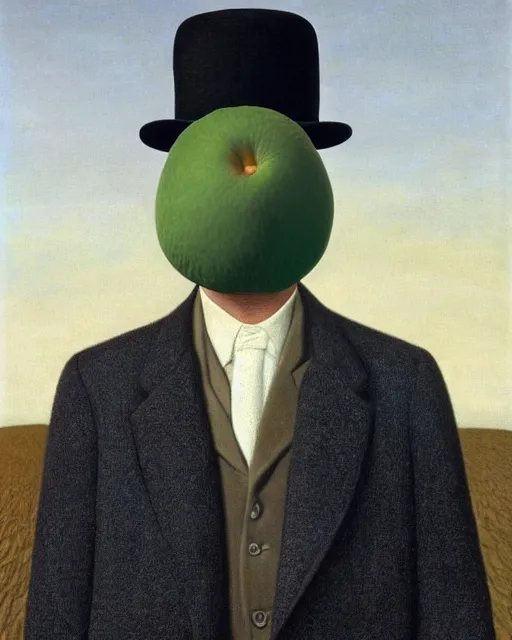 Prompt: a man with a kiwifruit covering his face, wearing a bowler hat and overcoat, standing in front of the post-apocalypse, oil on canvas, by René Magritte