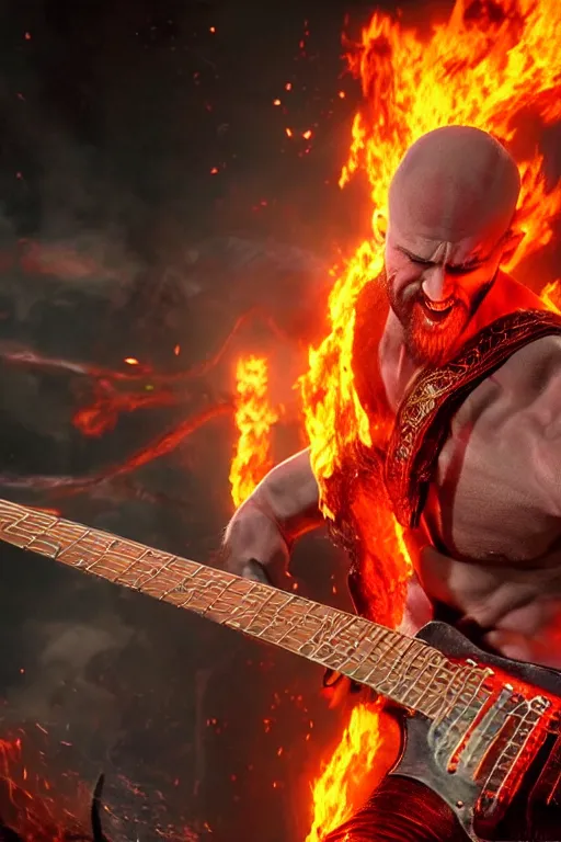 Image similar to kratos rocking out on a flaming stratocaster guitar, cinematic render, god of war 2 0 1 8, playstation studios official media, lightning, flames, red stripe, red stripe, clear, coherent