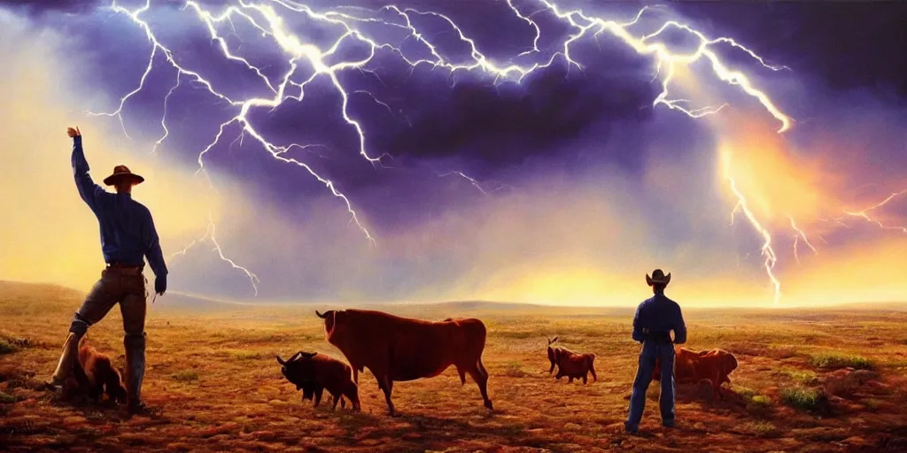 Image similar to Mark Magiori oil painting of a cowboy watching a bull get abducted by aliens, supercell thunder cloud, extremely beautiful, amazing painting, HD, 8K, very detailed, photorealistic, hyperrealism