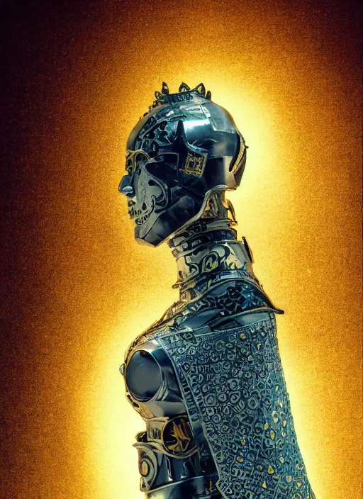 Prompt: portrait of futuristic king arthur knight cyborg geisha, kintsugi, modern fine art, fractal, intricate, elegant, highly detailed, digital photography, subsurface scattering, in the style of ghost, by jheronimus bosch and frank miller and greg rutkowski,