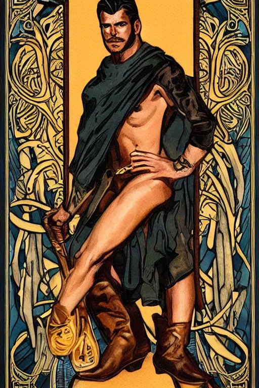 Prompt: a beautiful dramatic tarot card of a shirtless handsome cowboy. he is wearing cowboy boots. he has a thick build dadbod. homoerotic, art deco, art nouveau. by mark maggiori, by bill ward. trending on artstation