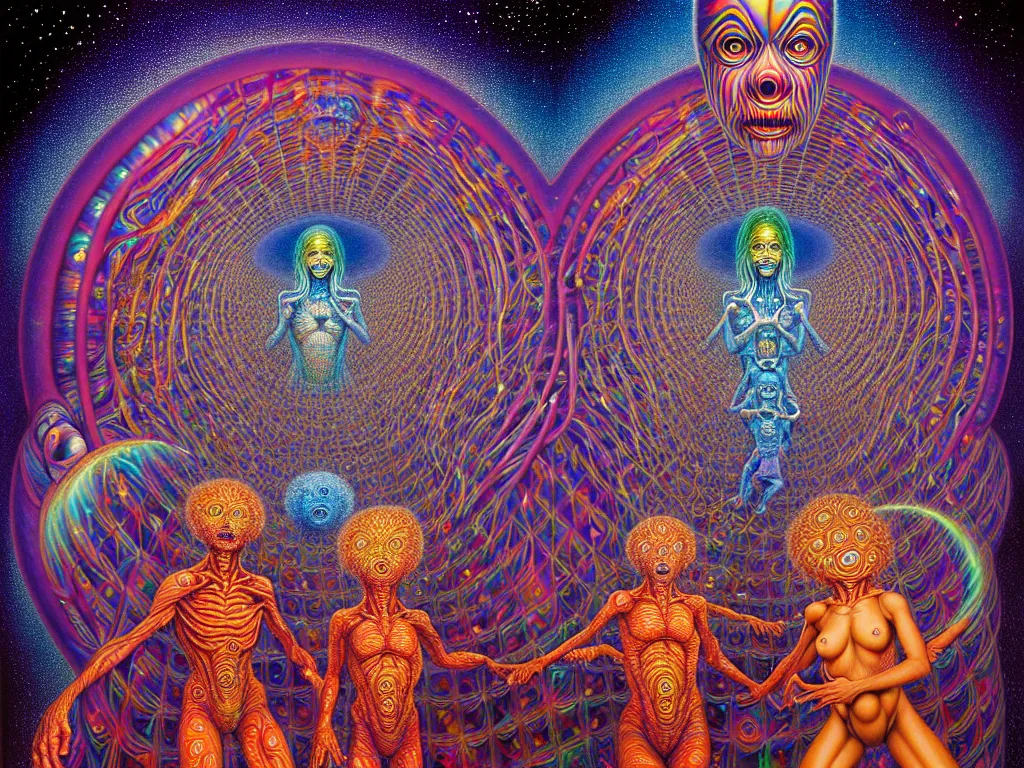 Prompt: realistic detailed image of a friendly figures of a family trapped in a psychedelic eternal cage of life, dancing in the 5th dimensional toroidal field outer hyperspace, shipibo , by Alex Grey, by Ayami Kojima, Amano, Karol Bak, Greg Hildebrandt, and Mark Brooks. rich deep colors. Beksinski painting, part by Adrian Ghenie and Gerhard Richter. art by Takato Yamamoto. masterpiece