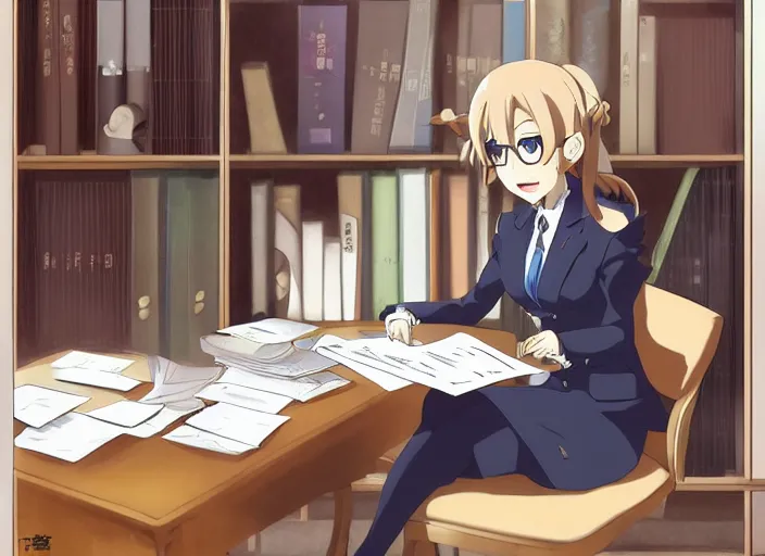 Image similar to secretary doing paperwork in her office, anime fantasy illustration by tomoyuki yamasaki, kyoto studio, madhouse, ufotable, trending on artstation