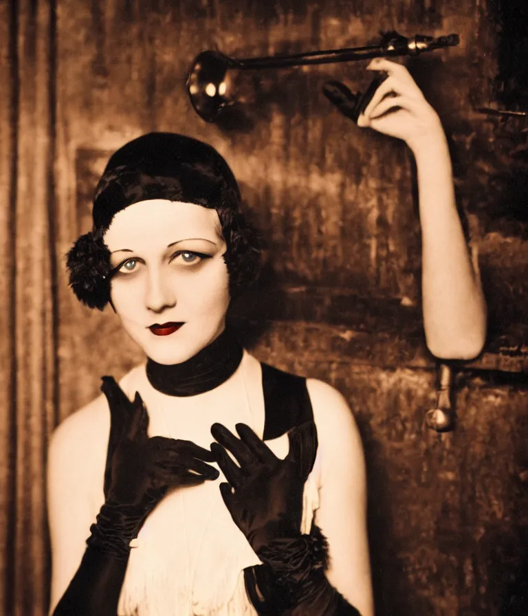 Image similar to antique colored shot of a 1 9 2 0 s short - haired flapper woman in black satin gloves looking and smirking at the camera, at a party in a dimly lit speakeasy bar, jazz age, cohesive, 5 0 mm photography, precise, art deco, cinematic, low - lighting, photography