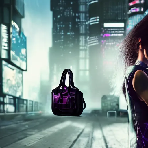 Image similar to a girl wearing a handbag from the future, cyberpunk background, highly detailed, epic lighting, hyper photorealism, 8 k