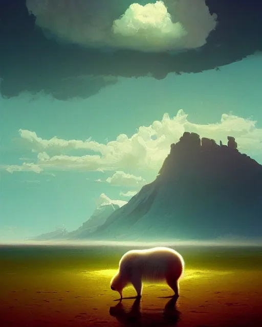 Image similar to white capybara at siberia, surreal photography, warm dramatic light, impressionist painting, colorful clouds, digital painting, artstation, kilian eng, john harris, bastien lecouffe - deharme, simon stalenhag, flower face