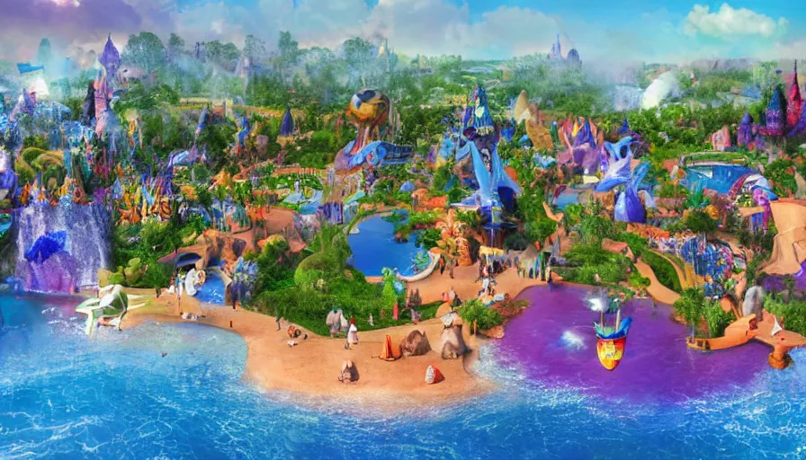 Prompt: disney world, it ’ s a small world ride landscape, kidney shaped swimming pools, unreal engine, realistic shading, realistic render, octane render, detailed textures, photorealistic, wide shot