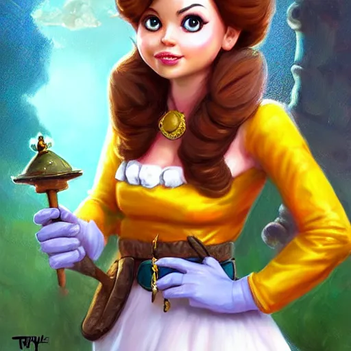 Image similar to princess daisy from super mario as realistic cute brunette human character art portrait, matte fantasy painting, deviantart artstation, by jason felix by steve argyle by tyler jacobson by peter mohrbacher, cinema c 9. 0