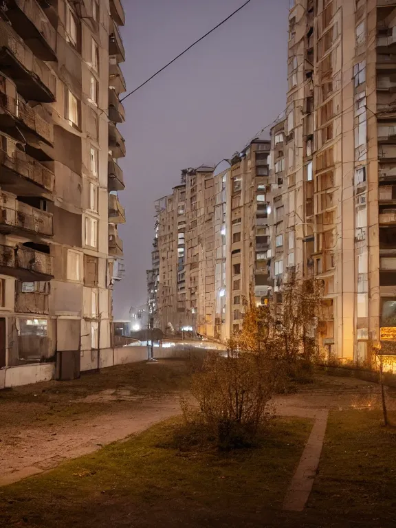 Image similar to film still of low russian residential building in suburbs, lights are on in the windows, deep night, post - soviet courtyard, cozy atmosphere, light fog, street lamps with orange light, several birches nearby, several elderly people stand at the entrance to the building