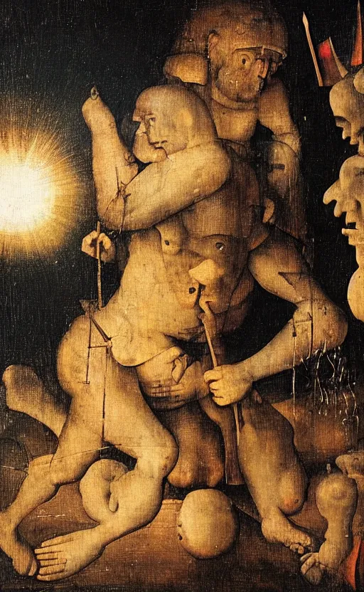 Image similar to two men in love seperated by a deity, on one side is light on the other is darkness in the style of hieronymus bosch, lots of colour