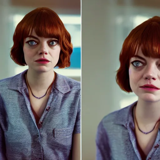 Image similar to Emma Stone in Stranger Things, XF IQ4, 150MP, 50mm, f/1.4, ISO 200, 1/160s, natural light, Adobe Photoshop, Adobe Lightroom, DxO Photolab, Corel PaintShop Pro, rule of thirds, symmetrical balance, depth layering, polarizing filter, Sense of Depth, AI enhanced