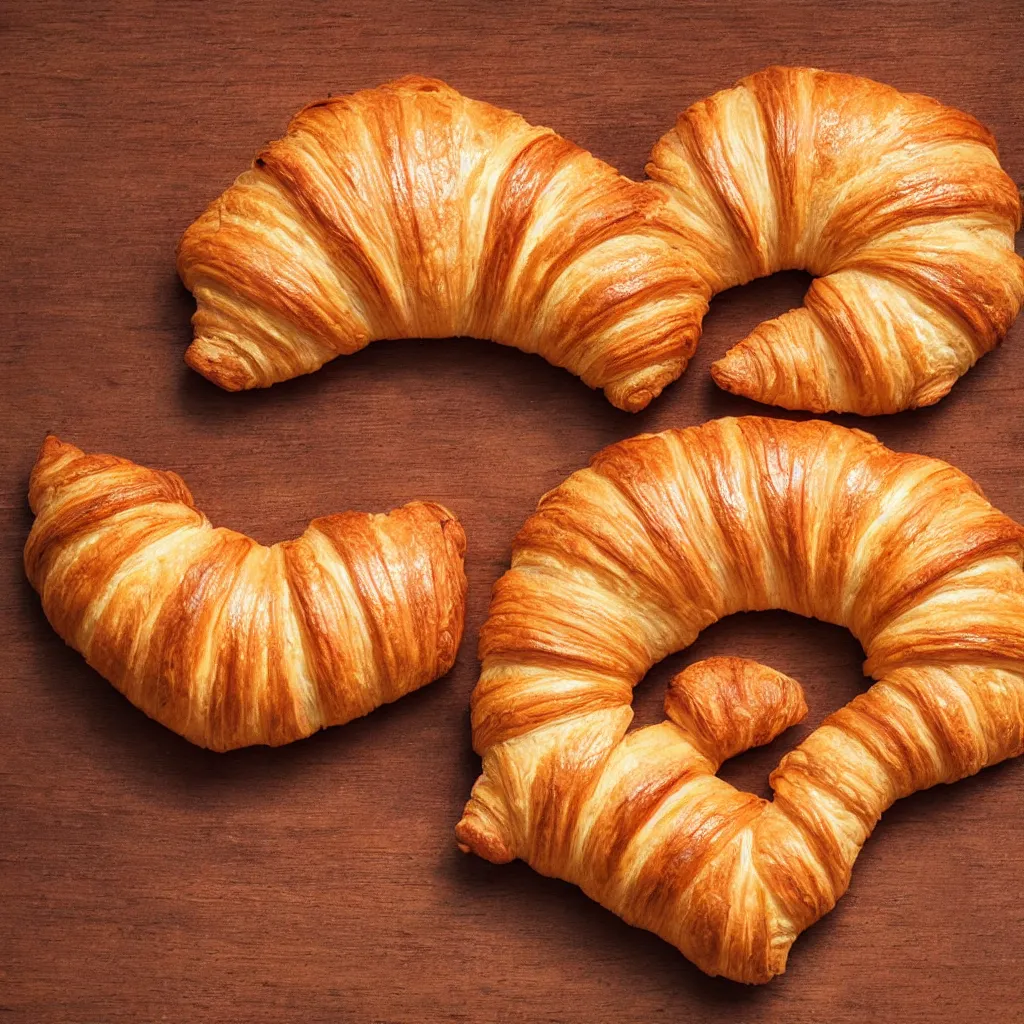Image similar to close-up photo of a croissant on top of a wooden table, 8k, high detail, photorealistic, proper shading