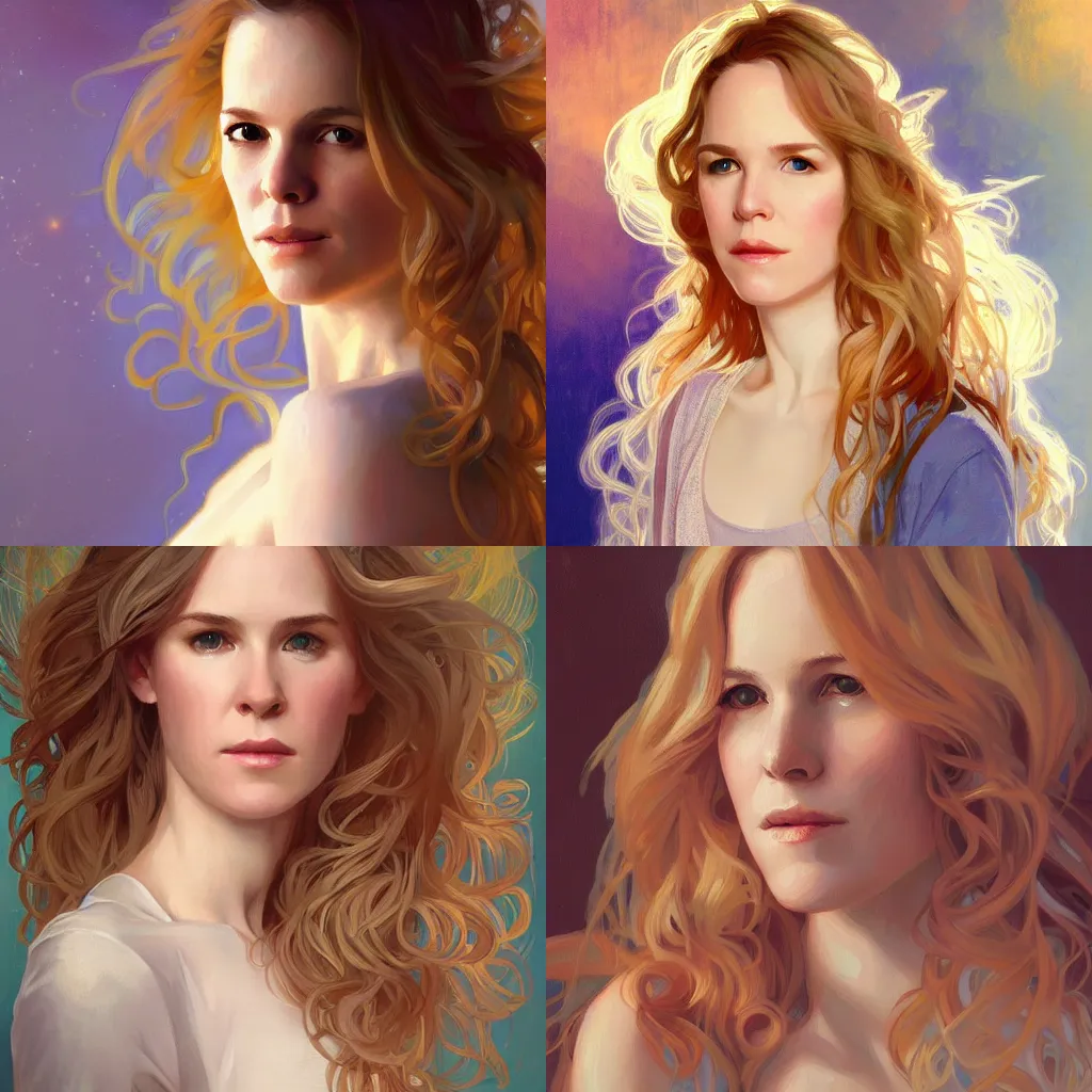 Prompt: stephanie march digital portrait with high quality brushstrokes and ethereal lighting, flowing hair, golden lighting, alphonse mucha, wlop, artstation, deviantart, pixiv