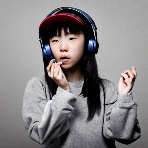 Image similar to wonderful young japanese girl with a mixer playing music, with headphones in her ears, with a sweatshirt with a cap with techno letters, with a vinyl in her hand, in a dark industrial park, realistic mouth, high definition, detailed and symmetrical face, detailed and realistic hands, expressive eyes, 4 k, bright color, epic digital art