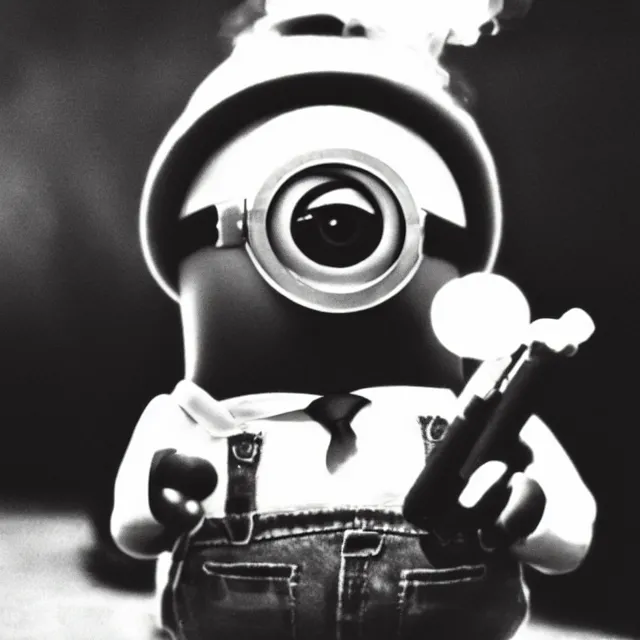 Prompt: still image of a minion smoking a cigarette and holding a revolver, black and white film, 3 5 mm film, noir, cinematic