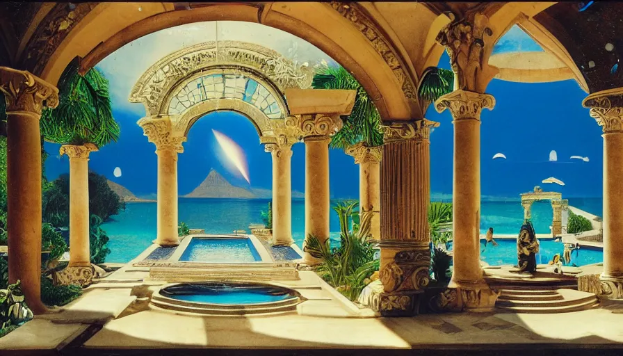 Image similar to A 1985 magazine architecture photo of a pool inside the giant Palace, mediterranean balustrade and columns, refracted lines and sparkles, thunderstorm, greek pool, beach and Tropical vegetation on the background major arcana sky and occult symbols, kitchen by paul delaroche, hyperrealistic 8k uhd, award-winning, 1985