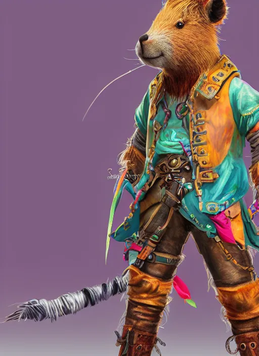 Prompt: detailed full body concept art illustration colorful pastel painting of an anthropomorphic capybara pirate in full intricate clothing, biomutant, ultra detailed, digital art, octane render, 4K