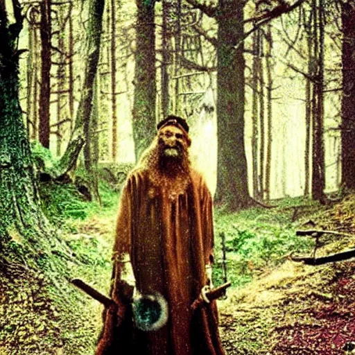 Image similar to magical wizard in forest, dusty colorized photo from the 70s