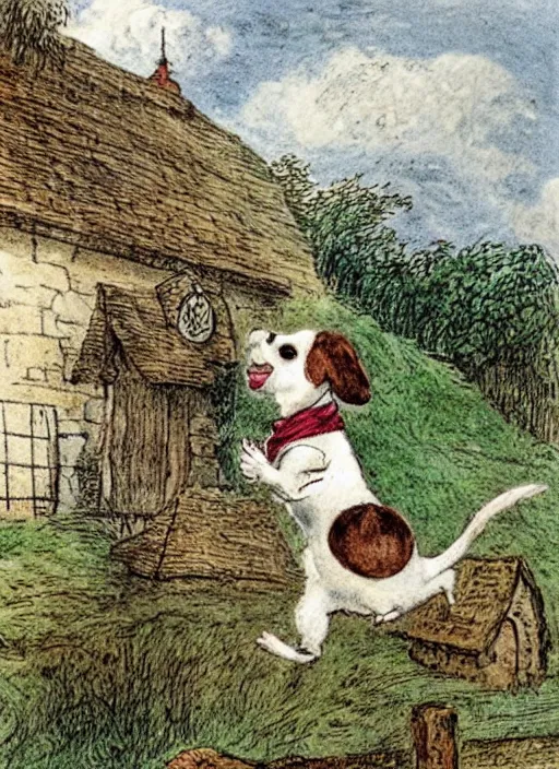 Image similar to jack russel terrier jumping from the ground over a small cottage, illustrated by peggy fortnum and beatrix potter and sir john tenniel