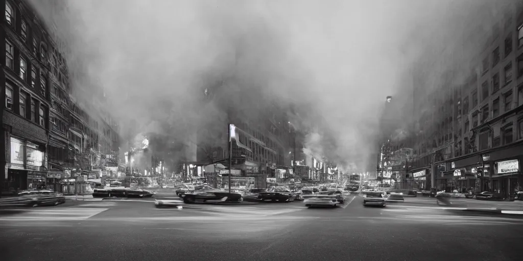 Prompt: a high resolution photo of a new york street at night surrounded with smoke and cars with bright headlights by joel meyerowitz and ansel adams, realistic photo, leica, magnum award winning photograph, parallax photography,