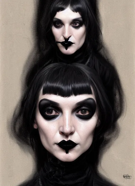 Prompt: portrait of an awkward woman with a crooked nose and a confident expression, 1 9 6 0 s, black clothes, goth, punk, funk, intricate, elegant, highly detailed, digital painting, artstation, concept art, smooth, sharp focus, illustration, art by wlop, mars ravelo and greg rutkowski