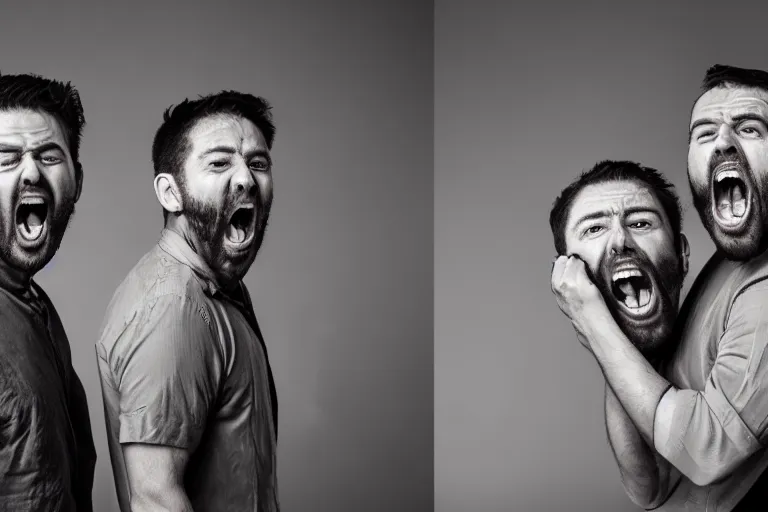 Image similar to picture of two angry men with gigantic mouths screaming at eachother beautiful lighting studio portrait full shot