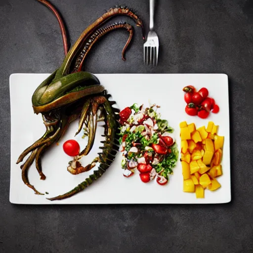 Image similar to a plate of food made of salad and huge alien xenomorph, award winning photographer, food photography