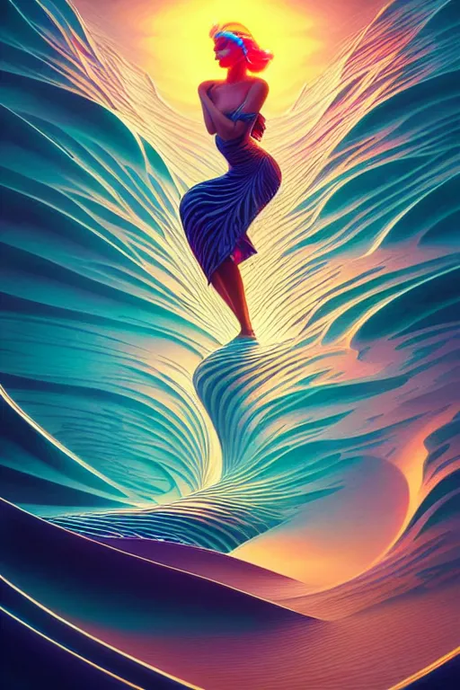 Image similar to Energetic jazz piano portrait, Art Deco surf, fantasy, intricate art deco wave designs, elegant, highly detailed fractals, sharp focus, prismatic, art by Artgerm and beeple and Greg Rutkowski and WLOP