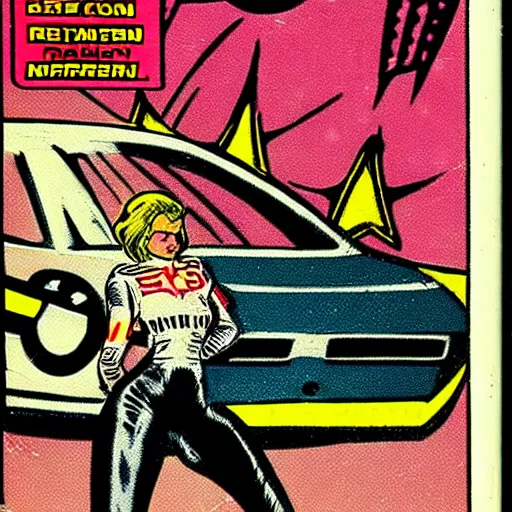 Image similar to alien racing drivers, space, comic, racers, retro, 70s, comic book, girl