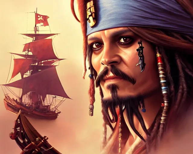 Image similar to captain jack sparrow with a smirk, photography of kurzgesagt, deep focus, d & d, fantasy, intricate, elegant, highly detailed, digital painting, artstation, concept art, matte, sharp focus, illustration, hearthstone, art by artgerm and greg rutkowski and alphonse mucha