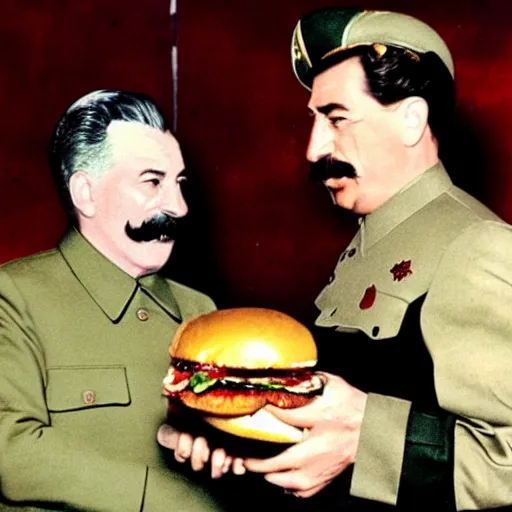 Prompt: stalin shows hand to burger