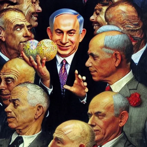 Prompt: benjamin netanyahu juggling, by norman rockwell and michael cheval