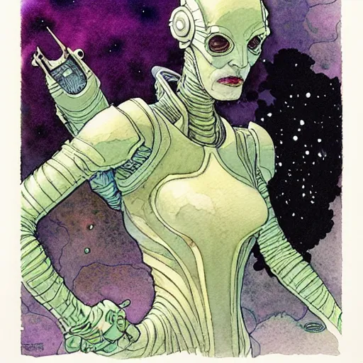 Image similar to a simple and atmospheric watercolour portrait of a pulp sci - fi alien queen, very muted colors, by rebecca guay, michael kaluta, charles vess and jean moebius giraud