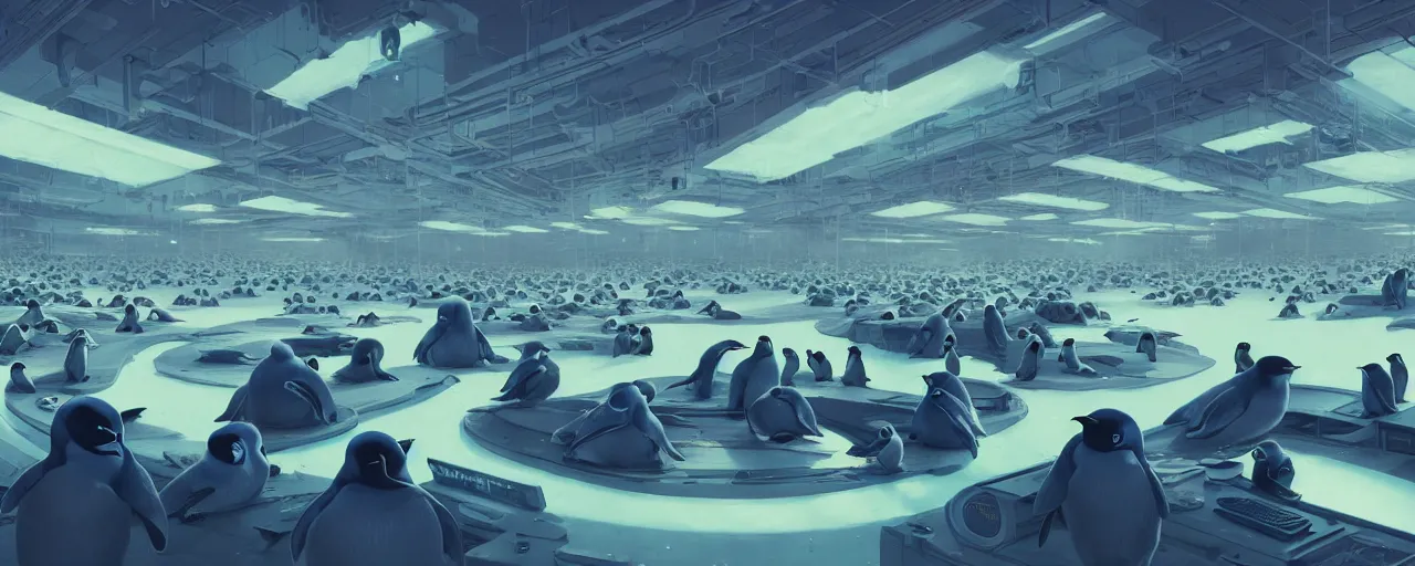 Prompt: duotone concept illustration wide angle of many emperor penguins in scifi computers room. cinematic scene. volumetric lighting. golden ratio accidental renaissance. by sachin teng and sergey kolesov and ruan jia and heng z. graffiti art, scifi, fantasy, hyper detailed. octane render. concept art. trending on artstation