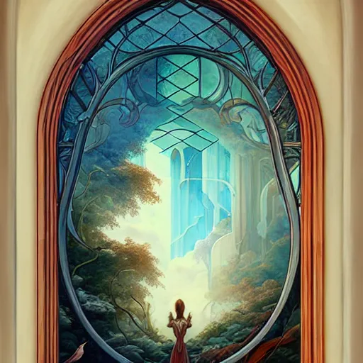 Image similar to beautiful large window with four panes, four yearseason is represented by peter mohrbacher, art nouveau, landscape, cinematic