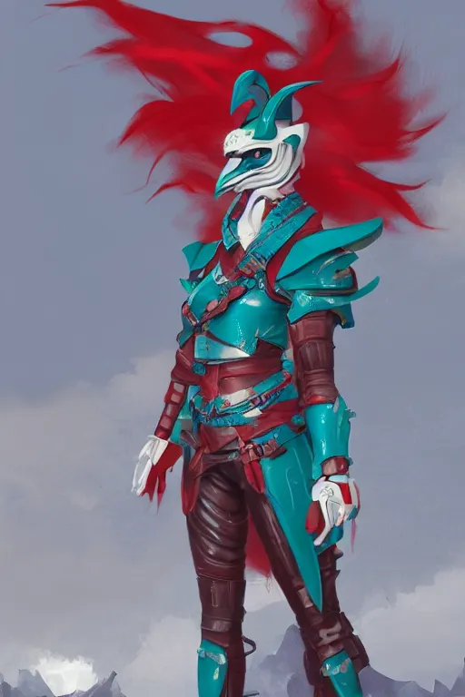 Image similar to female adventurer in tight full - body teal leather armor of japanese design with red accents and a white porcelain crow mask, trending in artstation, japanese, artstation, big moon in the background, establishing shot