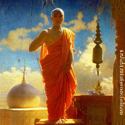 Prompt: crow worshipping buddhist monks, painting by gaston bussiere, craig mullins, j. c. leyendecker, lights, art by ernst haeckel, john william godward, hammershøi,,