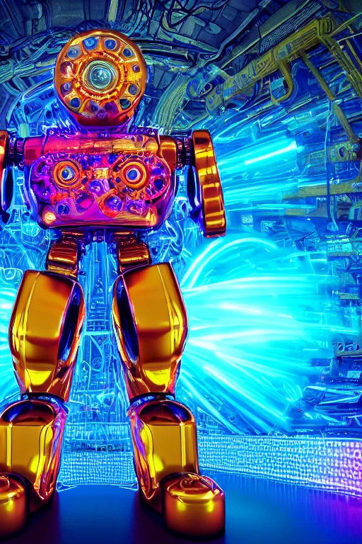 Prompt: portrait photo of a giant huge golden and blue metal futuristic steampunk robot covered with multicolored big gears and tubes, robot holds a red fender stratocaster, eyes are glowing red lightbulbs, shiny crisp finish, 3 d render, 8 k, insaneley detailed, fluorescent colors, background is multicolored lasershow