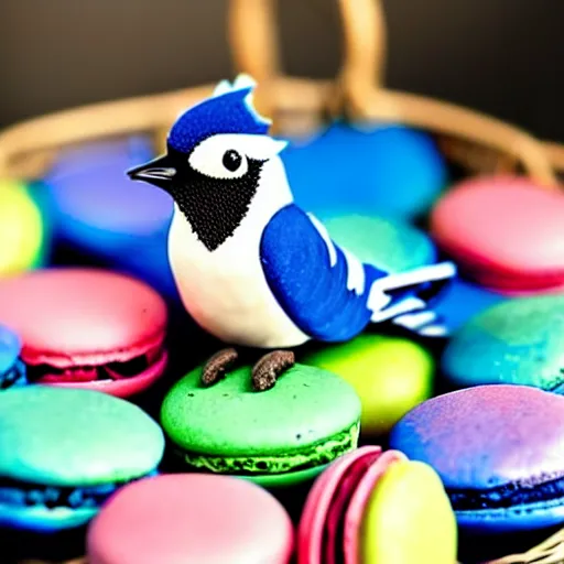 Image similar to A blue jay standing on a large basket of rainbow macarons.